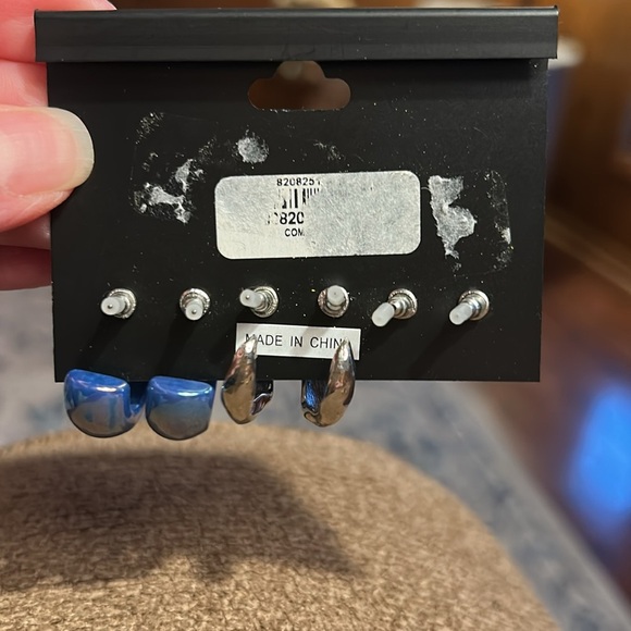 NWT, 3 pair earring set Rampage, silver hoops, blue iridescent hoops - Picture 2 of 3